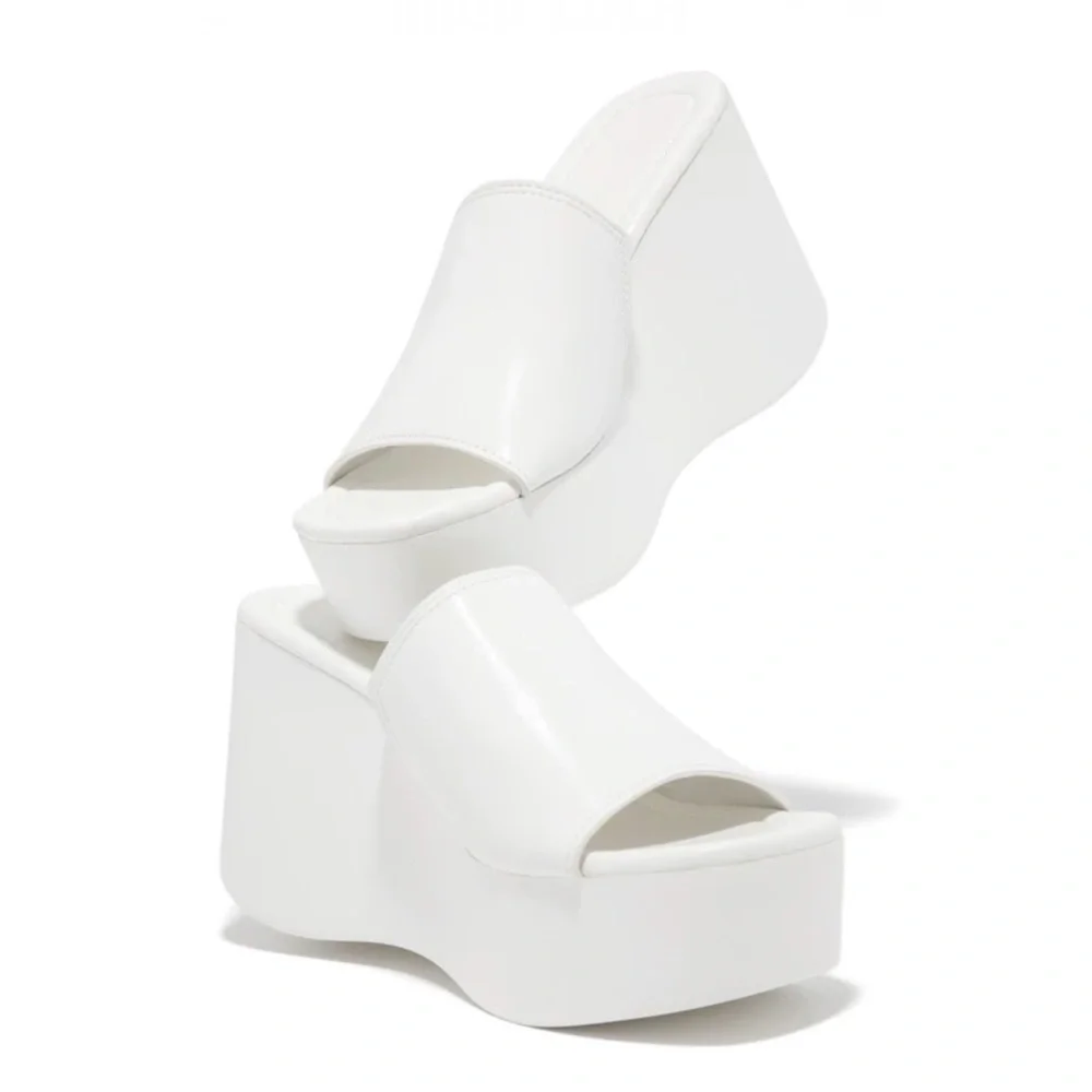 White Wide Band Platform Slip On Sandals - Picture 3 of 8